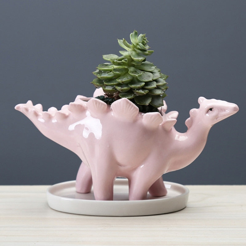 Creative Ceramic Stegosaurus Flower Pot Succulent Garden Desktop Decoration With Tray Creative Dinosaur Flower Planter Pot