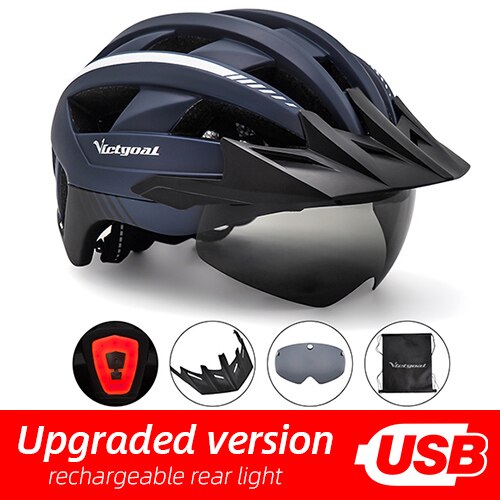 Victgoal casco de bicicleta LED montaña carretera USB recargable luz casco de ciclismo para hombre visera gafas hombres MTB bicicleta casco