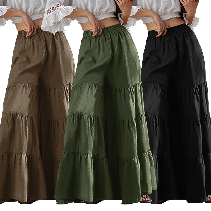 Vintage Damenhose mit weitem Bein ZANZEA 2022 Solide Hose Lässige elastische Taille Lange Pantalon Palazzo Weibliche Rübe