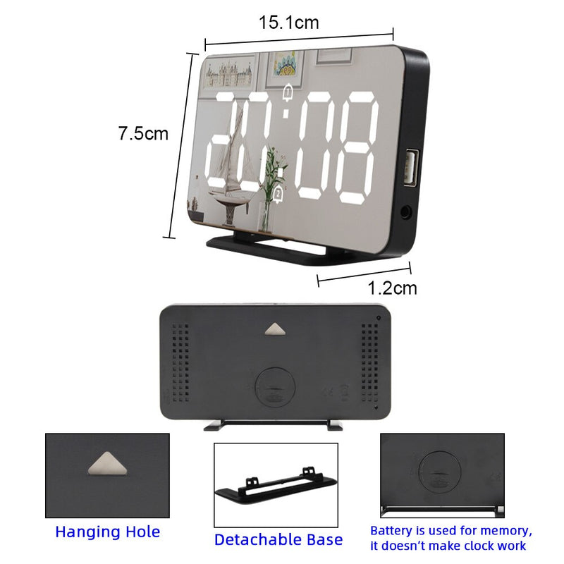 Mirror Digital Alarm Clock LED Electronic Temperature Wall Table Snooze Clocks USB Multifunction Watch Nightlight Home Office