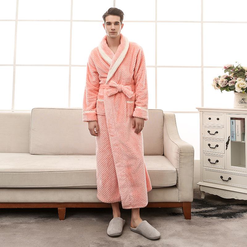 Men Plus Size 3XL Flannel Kimono Bath Gown Ultra Long Large Robe Coral Fleece Nightgown Lovers Couple Thick Warm Sleepwear MR001