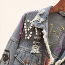 2022 Spring Autumn New Women Street Fashion Graffiti Denim Jacket Female Personality Short Raw Cut Rivet Jacket Fringe Jean Coat