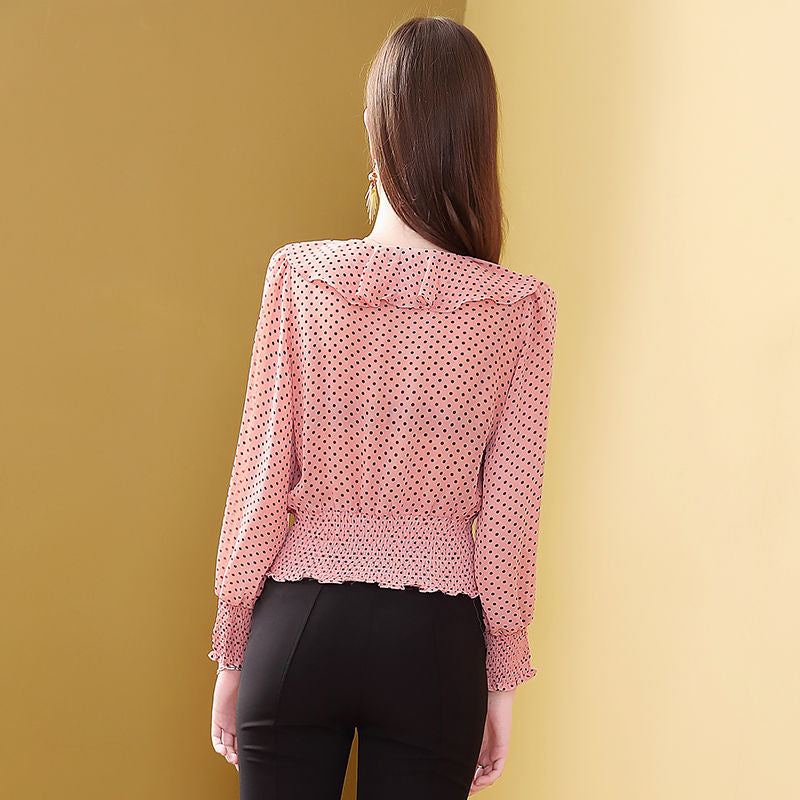 Camisa de chifón estilo primavera otoño para mujer, blusas informales elegantes de manga larga con retazos de lunares y cuello con volantes para mujer DD8397