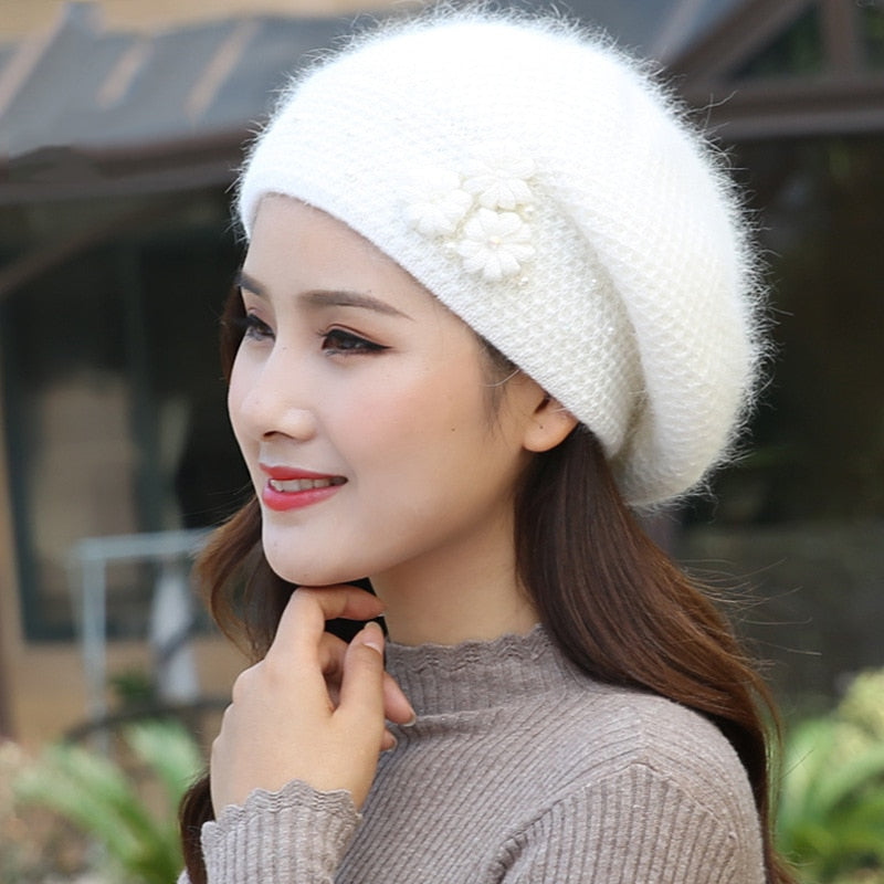 Beret Women Hat Angora Winter Warm Flower Soft Double Layers Thermal Snow Outdoor Accessory Female
