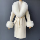 2020 Wool Coat Women Pied De Poule Natural Fox Fur Collar Cashmere Wool Blends Long Outerwear Ladies Streetwear