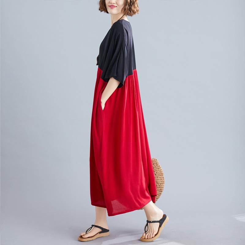 Übergroße Kleider für Frauen Sommer Übergroße Baumwolle Langes Kleid Schwarz Rot Patchwork Kleid Robe Femme 2022 Neue Ankunft