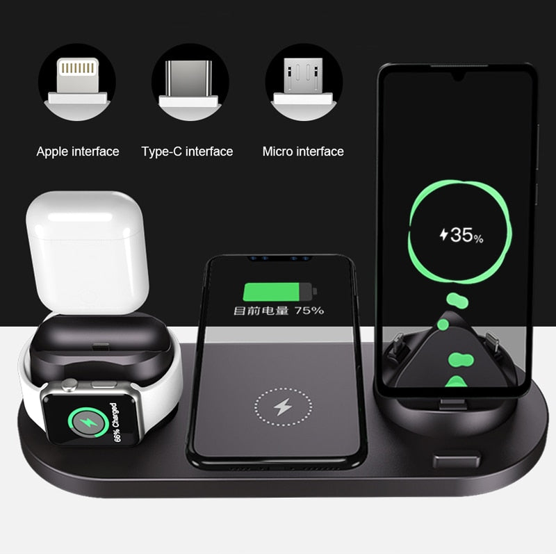 EXPUNKN Cargador inalámbrico 6 en 1 10w Qi Fast Stand Carga Rapida Dock Station Carregador Sem Fio para Iphone Apple Watch Airpods