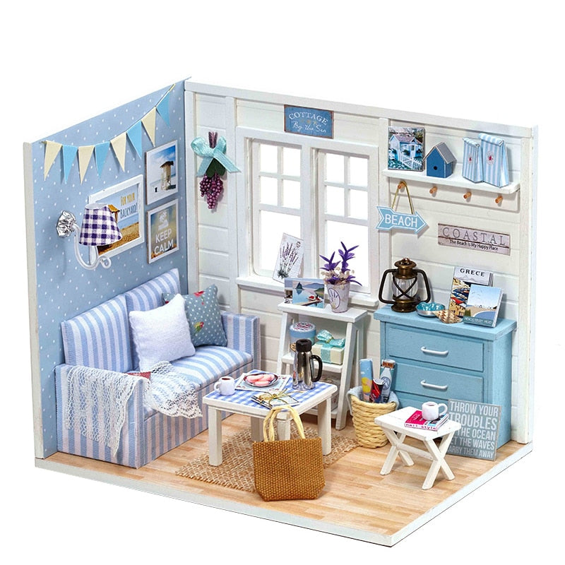 Cutebee DIYHouse miniatura con muebles LED música polvo cubierta modelo Juguetes De bloques De construcción para niños Casa De Boneca