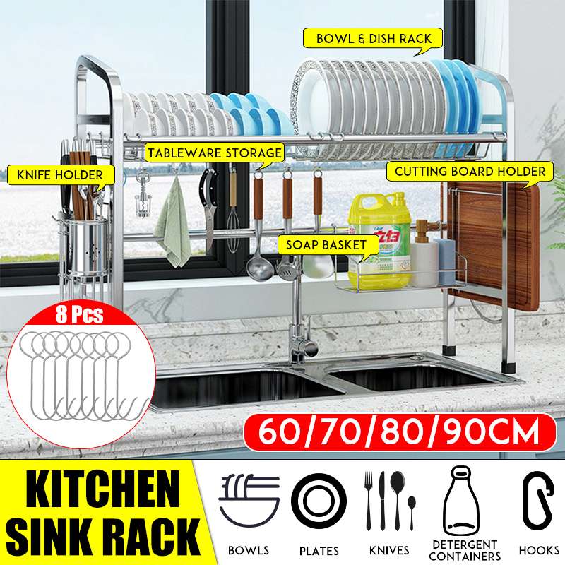 2-Tier Kitchen Stainless Steel Dish Drying Rack Holder Drainer Storage Shelf Sink Organizer Accessories Container 60-90cm Length