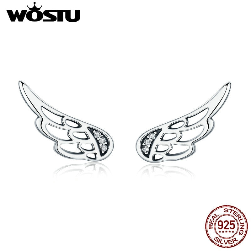 WOSTU Genuine 925 Sterling Silver Fairy Wings Stud Earrings For Women Rose Gold Earrings Wedding Engagement Jewelry CQE343-C