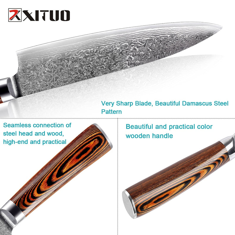 XITUO, 1-4 Uds., juego de cuchillos de cocina, cuchillo de cocina de acero damasco japonés VG10, chef, deshuesado, pelado, Santoku, cuchillos de utilidad, mango de madera