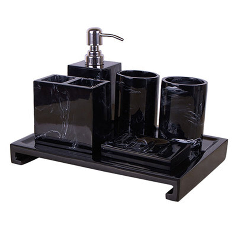 Black Marble Pattern Tray Resin Bathroom Set Toothbrush Holder Soap Dispenser Soap Dish Men&