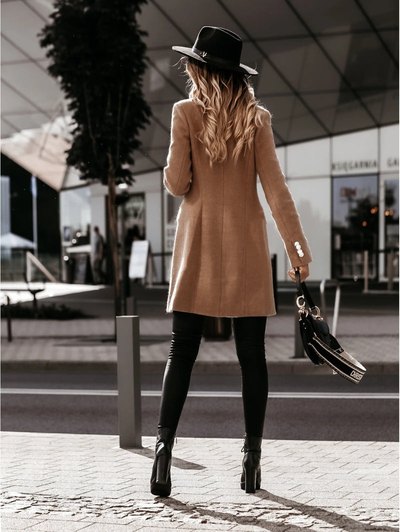 2021 Autumn Winter Jacket Coat Women Women Jackets Coat Solid Color Double-breasted Knee Length Blends Casual Womens Overcoat