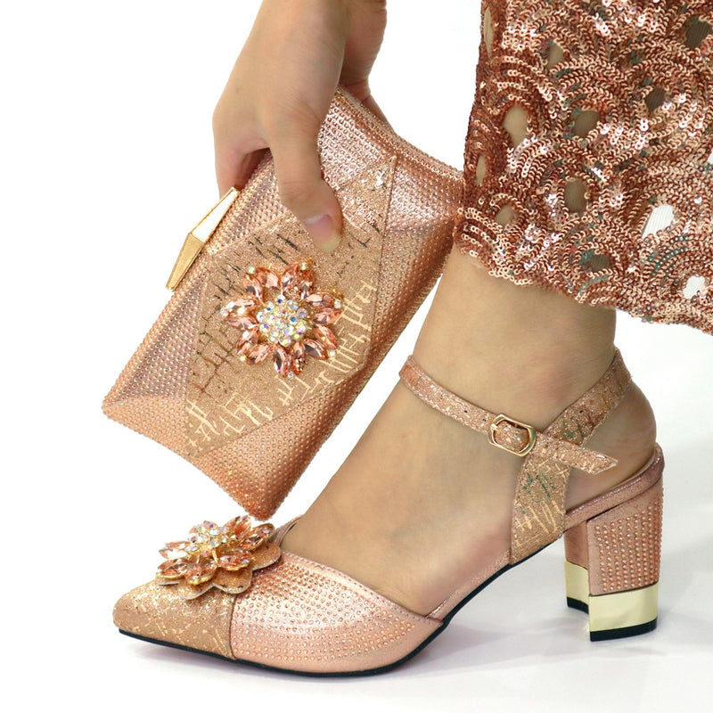 Zapatos y bolsos italianos para combinar con zapatos con conjunto de bolsos decorados con diamantes de imitación, conjunto de zapatos de boda para mujeres nigerianas, bolso para fiesta de boda