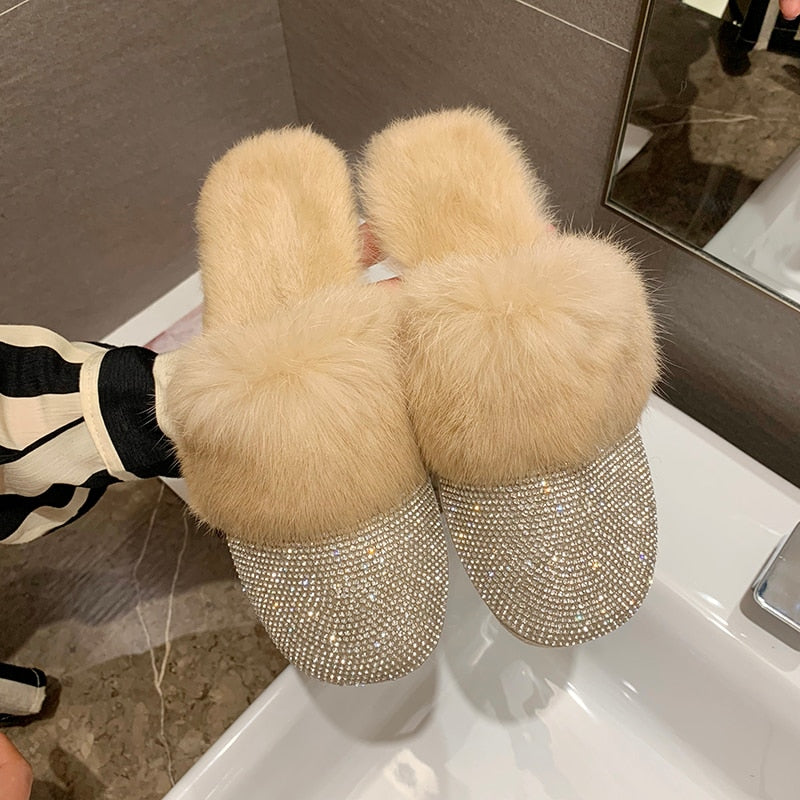 Women Slippers Ladies House Luxury 2023 Rhinestone Fur Crystal Winter Home Female Outdoor Mules Flats Shoes Slides For Women