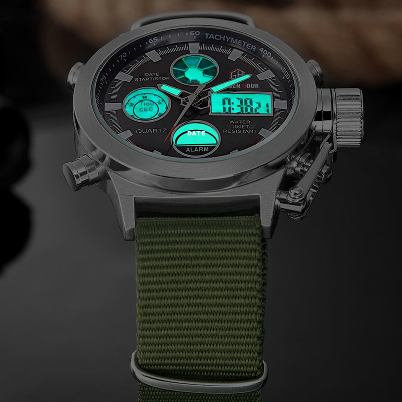 GOLDENHOUR Sport Men Wristwatch Fashion Men Quartz Watch Nylon Strap Week Display Army Military LED Clock Relogio Masculino