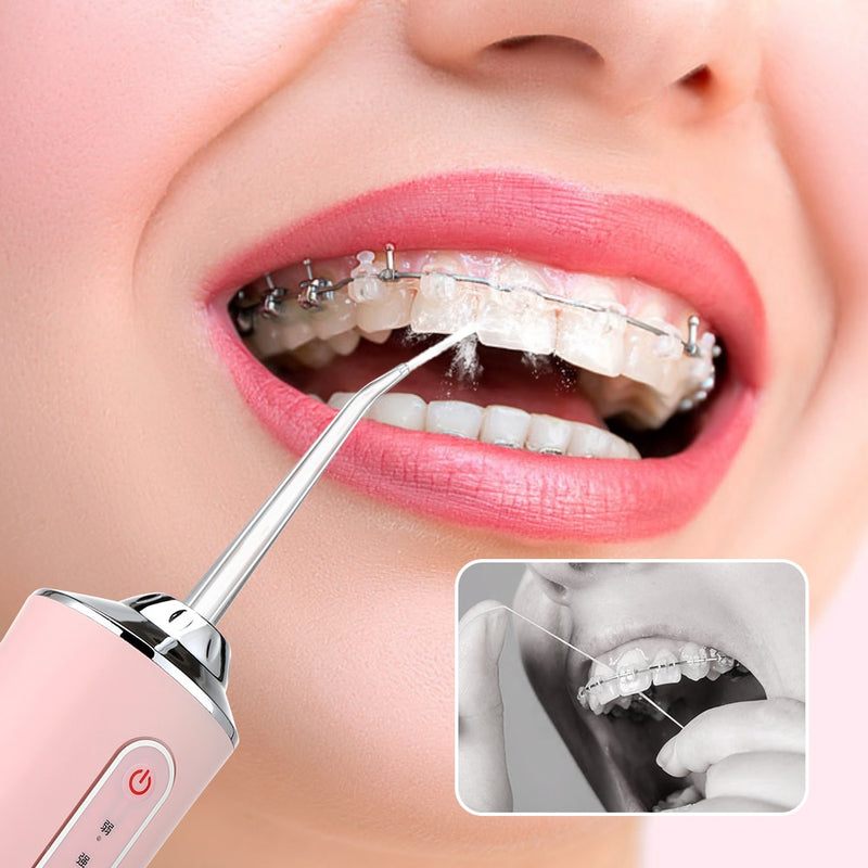 Munddusche Tragbare Zahnwasser Flosser USB Wiederaufladbarer Wasserstrahl Zahnseide Zahnstocher 4 Düsenspitze 220ml 3 Modi IPX7 1400rpm