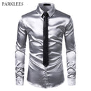 2pcs Silver Silk Shirt+Tie Mens Satin Smooth Tuxedo Shirts Casual Button Down Men Dress Shirts Wedding Party Prom Chemise Homme