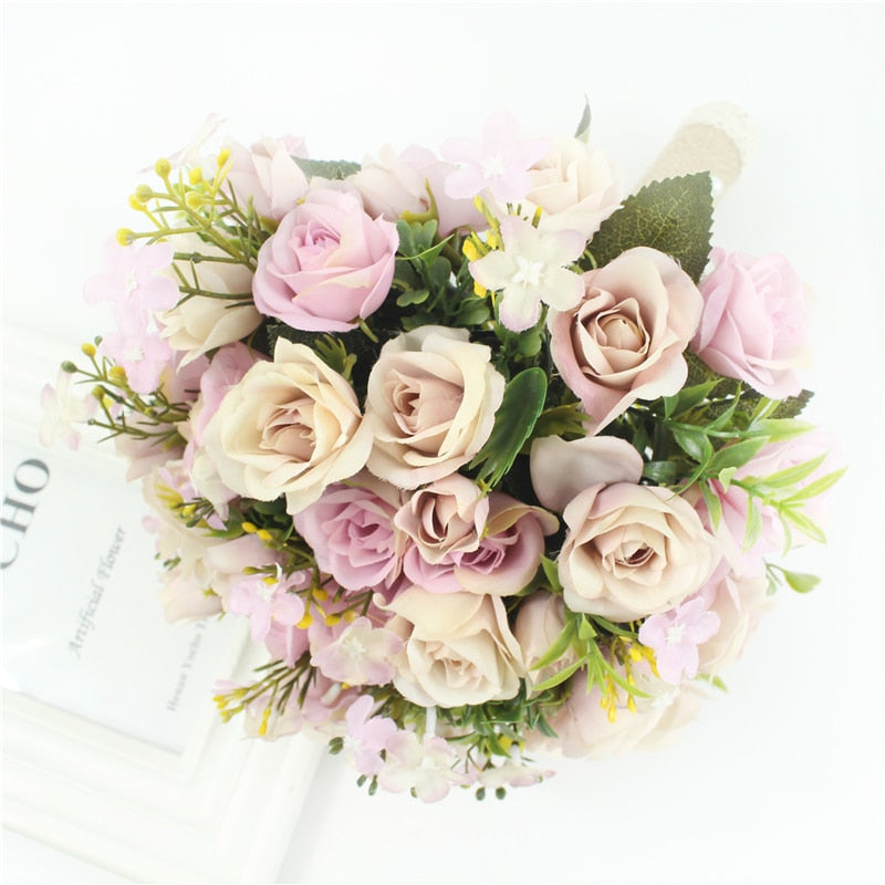 Meldel New Purple White Wedding Bouquet Handmade Artificial Flower Rose Buque Casamento Bridal Bouquet for Wedding Decorations