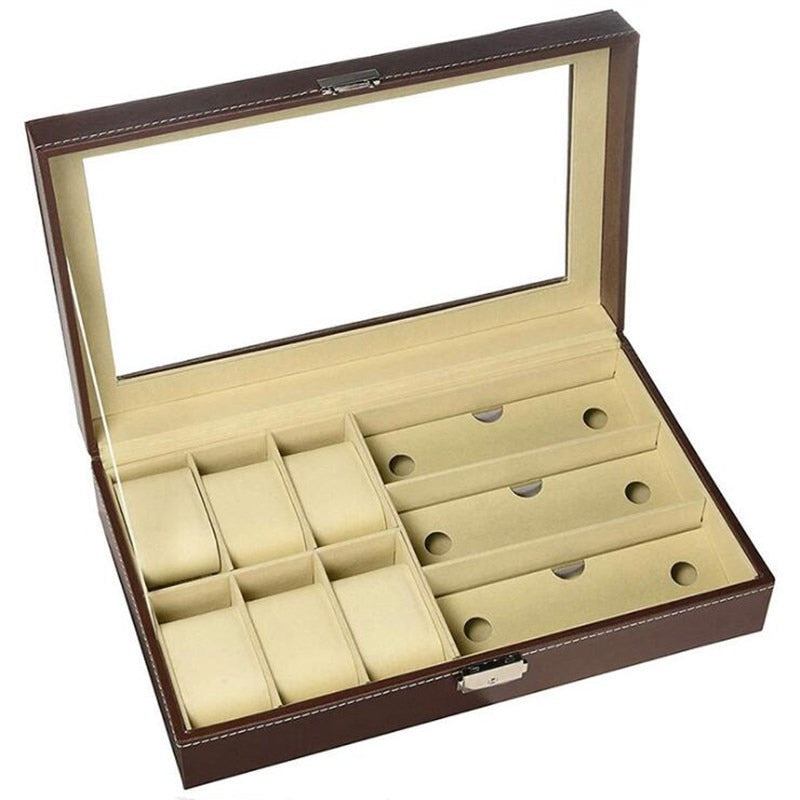 6/6 + 3/8 + 2 Gitter Aufbewahrung Uhrenbox 8/10/12 Gitter PU-Leder Uhrenhalter Organizer für Quarzuhr Schmuckschatullen Display Geschenk