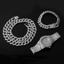 Necklace +Watch+Bracelet Hip Hop Miami Curb Cuban Chain Gold Color Iced Out Paved Rhinestones CZ Bling Rapper For Men Jewelry