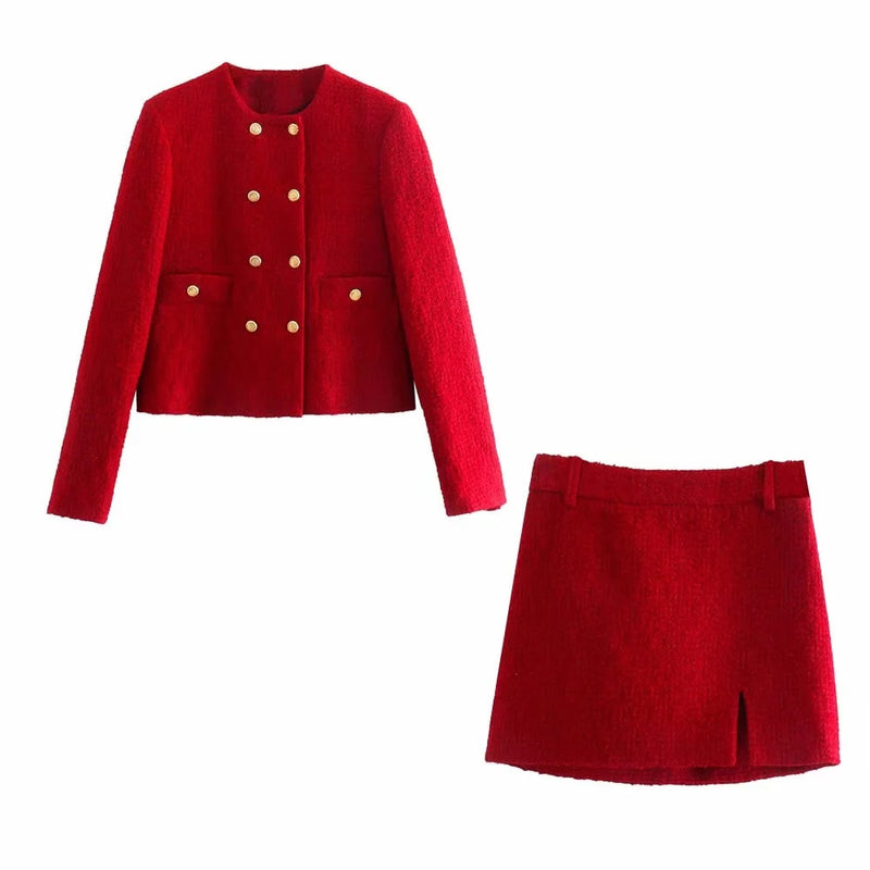xikom 2021 Tweed Zweiteiliges Set Frauen rot Vintage O-Ausschnitt Langarm Büro Dame dünner Blazer Mantel weibliche Hight Taille Rockanzug