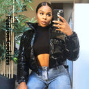 Mode süße Frauen helle PU rosa Pufferjacke Winter warme Blase Mäntel glänzende Leder Parkas Daunenreißverschluss geerntete Jacken Parkas