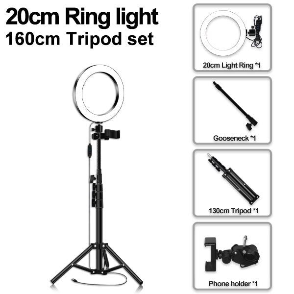 LED Ringlicht 16/20/26cm 5600K dimmbare Selfie Ringlampe mit Stativ Telefonhalter USB Stecker Fotostudio Fotografie Beleuchtung