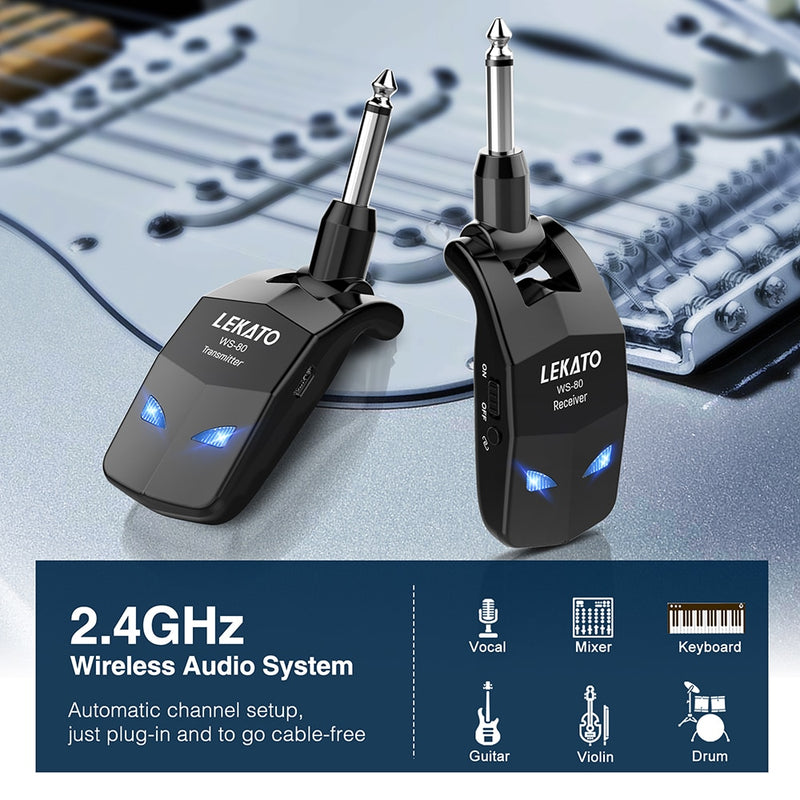 Lekato Wireless Guitar System 2,4 GHz Gitarren-Sender-Empfänger für E-Gitarren-Funksender, eingebaut, wiederaufladbar