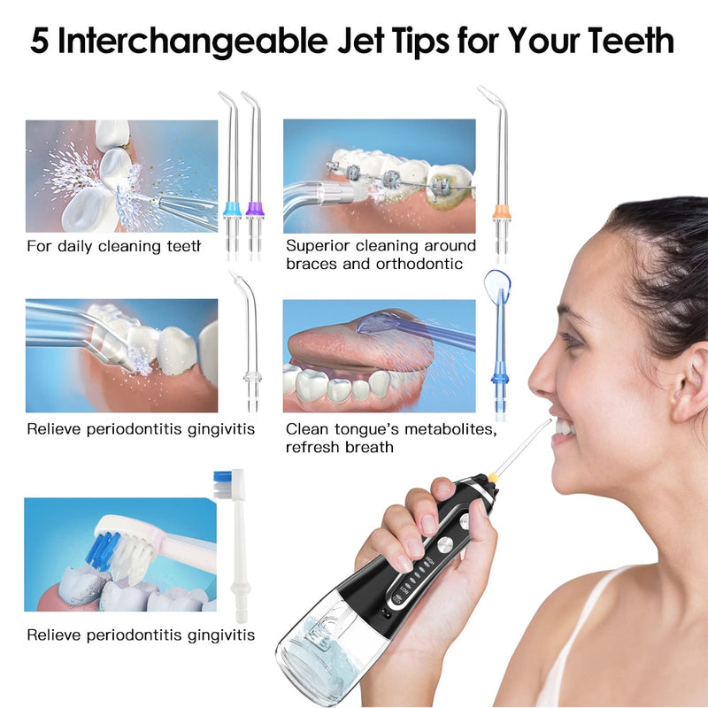 Irrigador bucal portátil 300ml Irrigador dental de agua Jet 5 modos Irrigador recargable por USB Limpiador de dientes dentales + bolsa