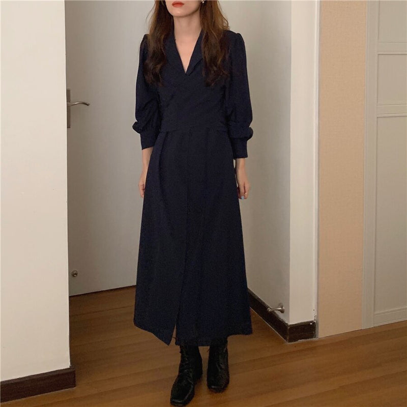 HziriP Notched Single Breasted Women Suit Dress New Minimalist Autumn Dress Elegant OL Long Sleeve Solid Long Dresses Vestidos