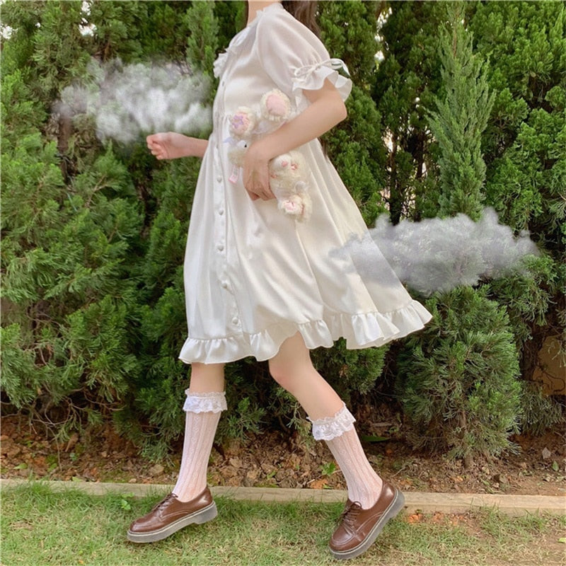 Dulce chica japonesa Lolita Drees Kawaii Peter Pan Collar Cute Ruffle Puff Sleeve Drees Color sólido Elegante Retro Lady Drees