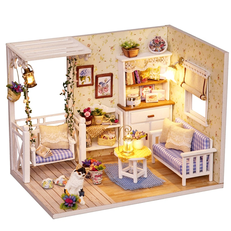 Cutebee DIYHouse miniatura con muebles LED música polvo cubierta modelo Juguetes De bloques De construcción para niños Casa De Boneca