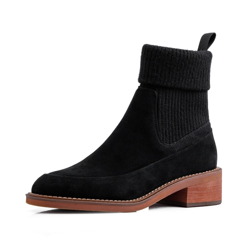 2020 invierno otoño botines para mujer talla 34-39 calcetín tejido botas mujer punta cuadrada negro marrón botines Slip Ons zapatos nuevos