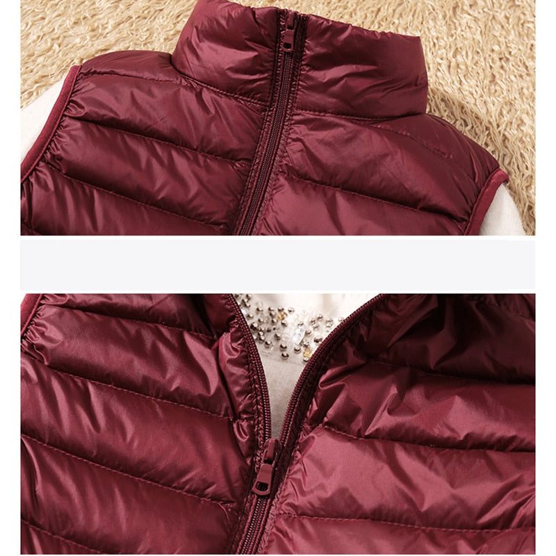 Nuevos chalecos ultraligeros sin mangas para mujer, chaqueta delgada, chaleco para niña, chaleco cálido ligero a prueba de viento, portátil