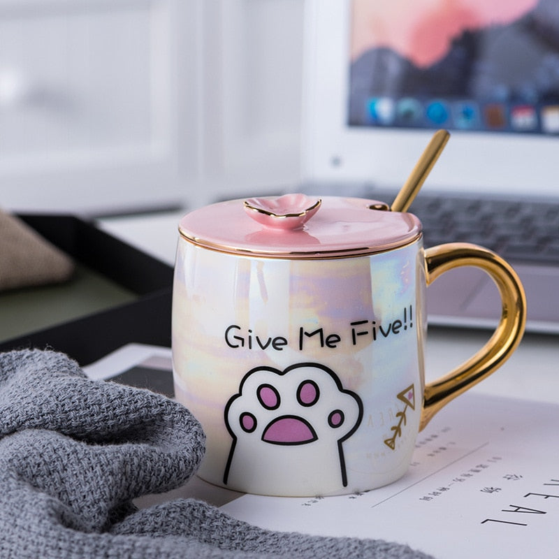 Taza de gato de cerámica de dibujos animados con tapa y cuchara, tazas de leche de café, taza de desayuno creativa bonita, regalo de cumpleaños de boda para el Día de San Valentín