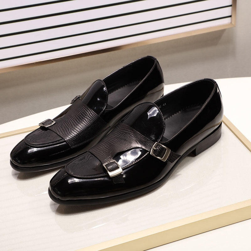 Mocasines de charol para hombre de la marca FELIX CHU, zapatos de vestir para fiesta de boda, zapatos negros y verdes con correa de monje, zapatos informales a la moda para hombre