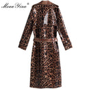 MoaaYina Fashion Windbreaker Overcoat Autumn winter Women Long sleeve Snakeskin pattern Print Lace-Up Keep warm Overcoat