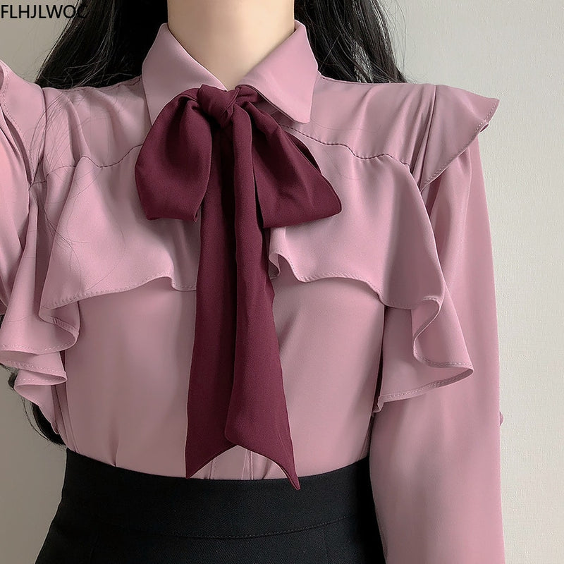 Ruffled Bow Tie Top Autumn Basic Office Lady Work Wear Flare Sleeve Cute Women Single Breasted Button Solid White Shirts Blouses