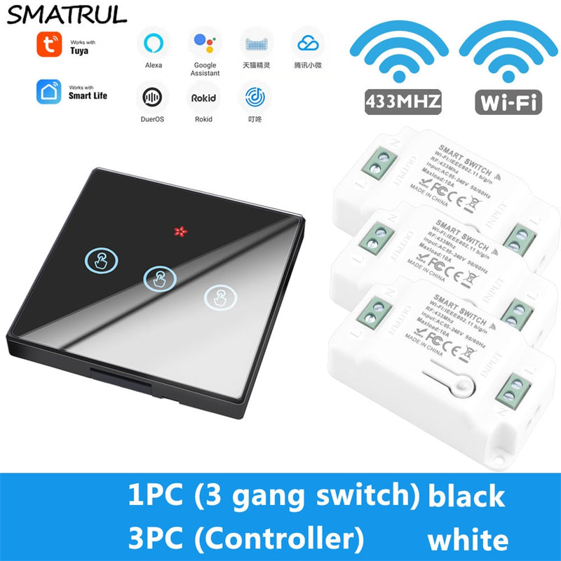 SMATRUL Tuya aplicación inteligente WiFi interruptor de pared táctil luz inalámbrica RF 433Mhz módulo de temporizador de relé DIY Google Home Alexa 110V 220V encendido y apagado