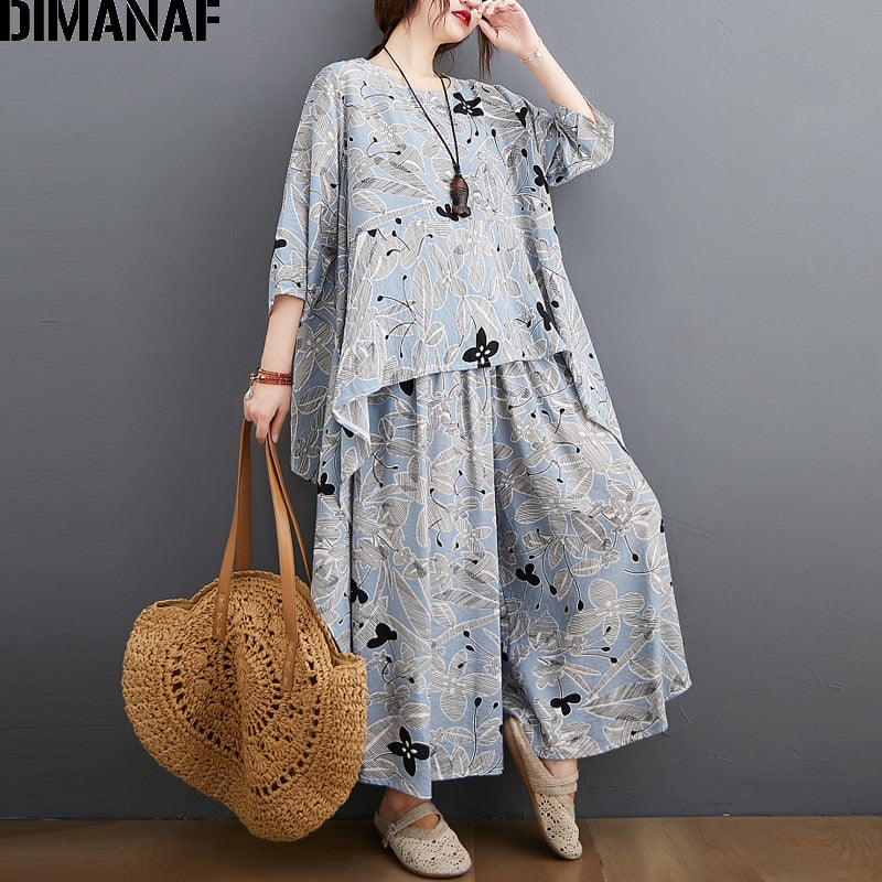 DIMANAF Plus Size Two Piece Set Suit Women Clothing Vinatge Print Elegant Lady Tops Shirt Linen Loose Pants Female Suit Summer