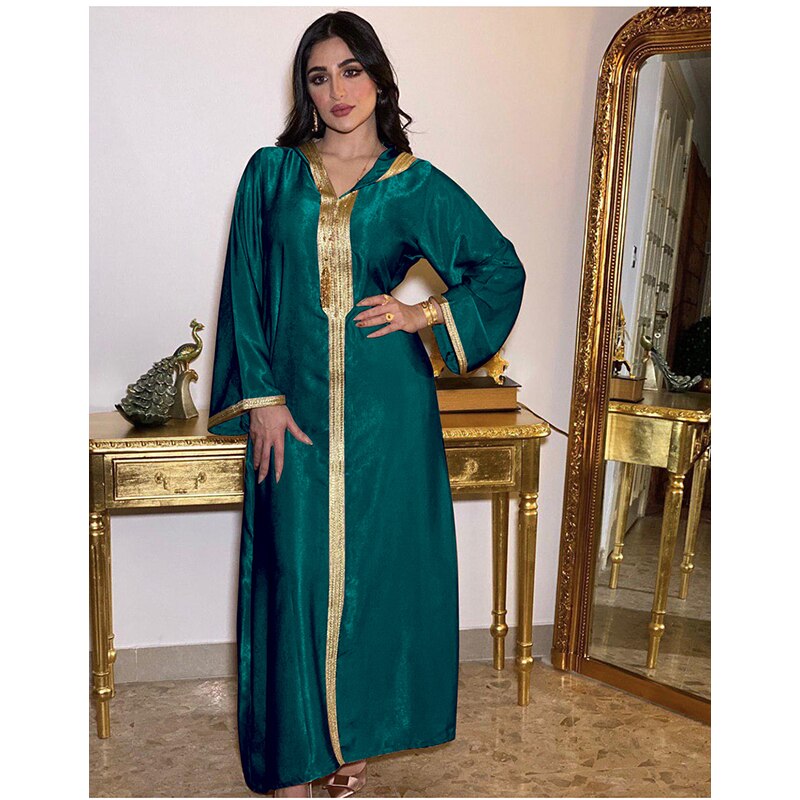 Djellaba Arabisches muslimisches langes Kleid Hoodies Dubai Abaya Damen Zopfbesatz Marokkanischer Kaftan Saudi Jalabiya Ramadan Robe Champagner