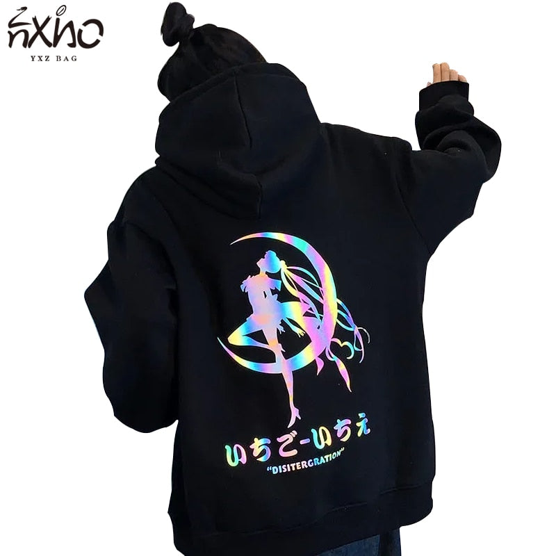 Mujeres con capucha Sailor-Moon Logo reflectante Moda Dibujos animados Sueltos Mangas largas Ropa femenina Casual Japonés Sudaderas con capucha