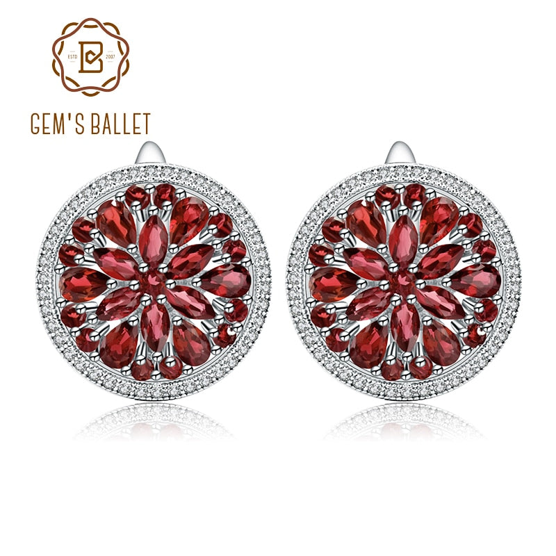 GEM'S BALLET 11.65Ct Natural Red Garnet Gemstone Earrings Ring Set 925 Sterling Silver Round Jewelry Set For Women Wedding