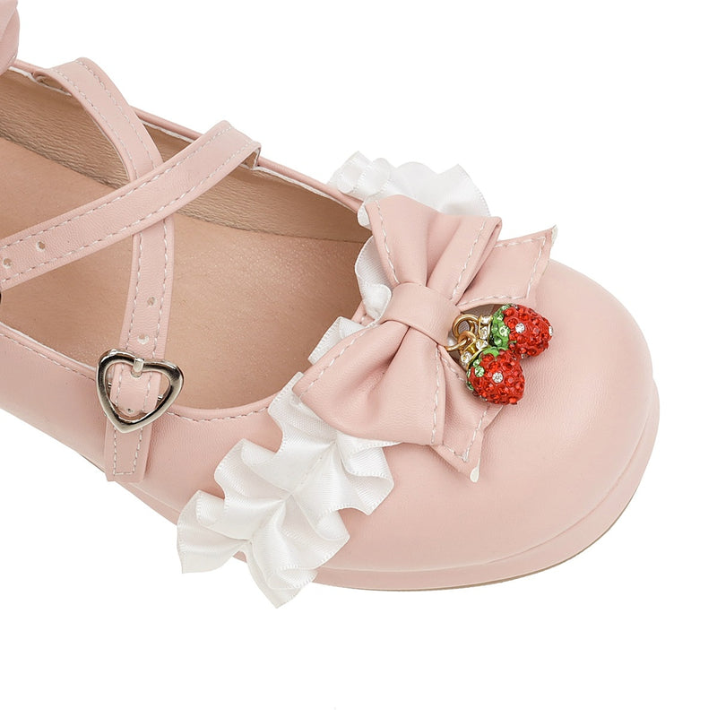 Japanese Lolita Mary Janes Shoes Princess Pink Ankle Strap Bowtie Strawberry Ruffles Wedding Cosplay Uniform Pumps Plus Size 48