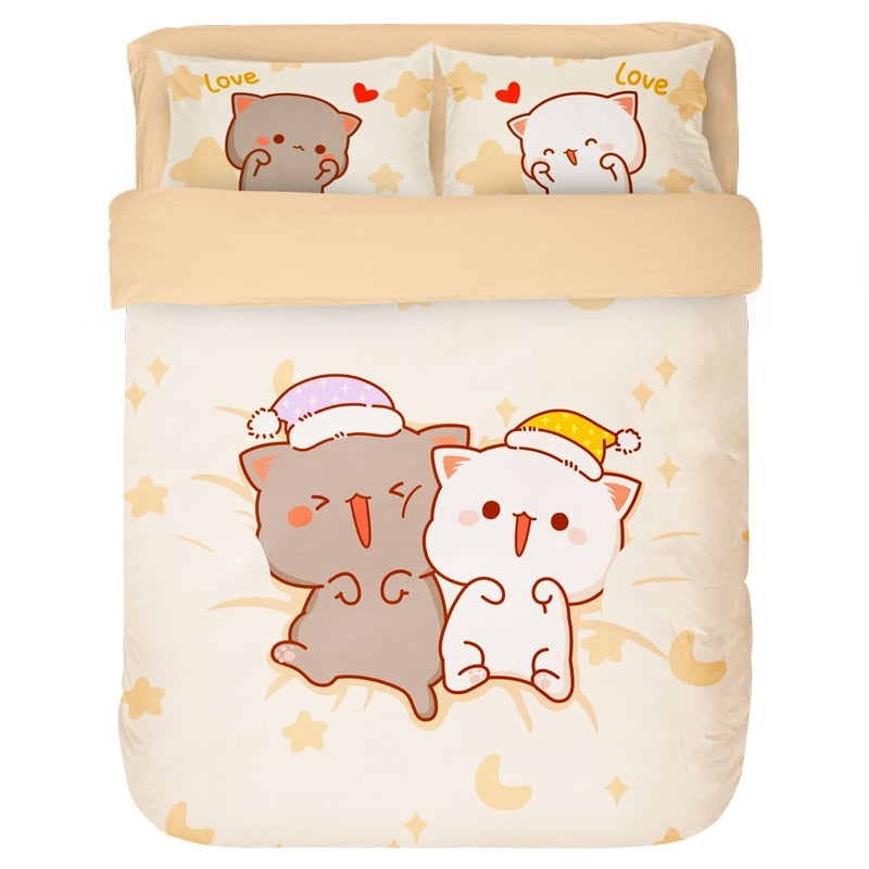 4Pcs Set Kawaii Cat Bed Sheet Cotton Bedding Set Soft Comforter Cover Twin Full Queen Size For Girls Bed Sheets and Pillowcases