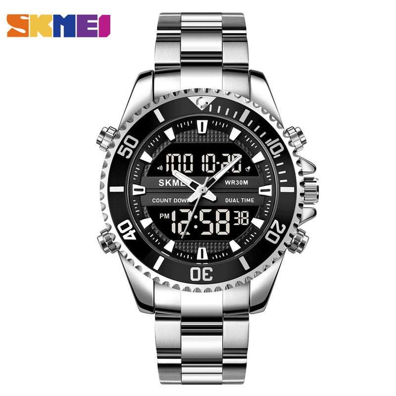 SKMEI Dual Display Watches Mens Fashion Digital Wristwatches Chrono Alarm Men Clock Waterproof Stainless Steel Relogio Masculino