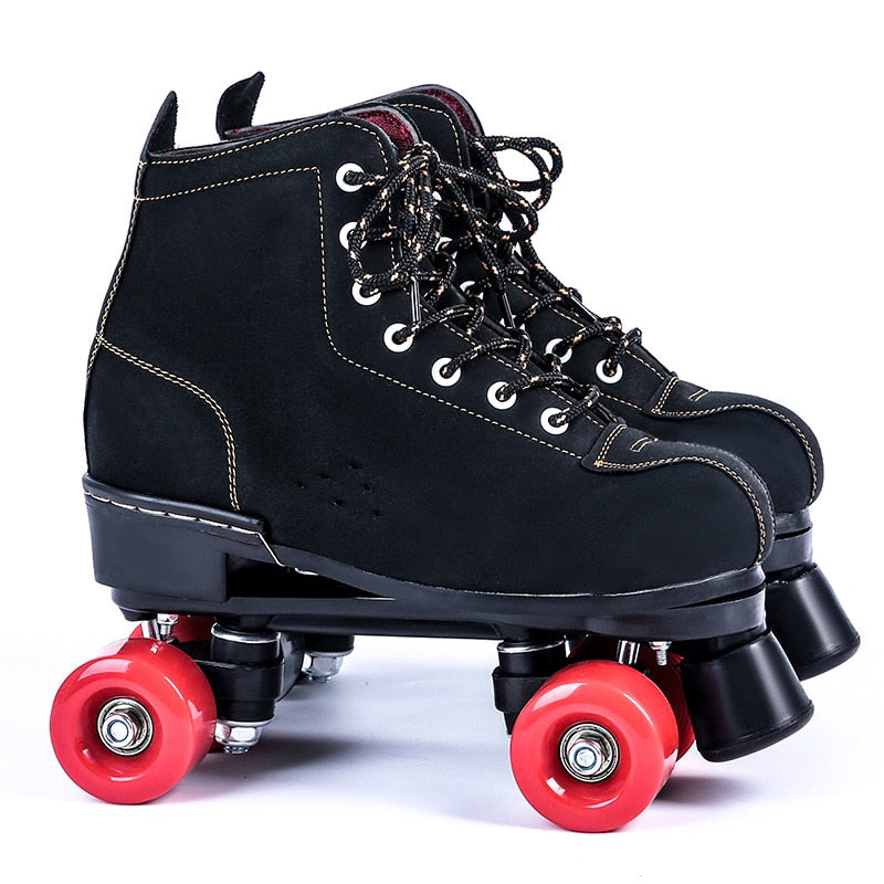 Black Lether Roller Skates Shoes 4-Wheel Double Row Flash Ourdoor Adult Man Woman Patines Shoes Europe Size 36-45