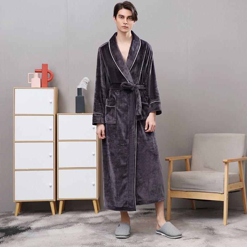 Men Plus Size 3XL Flannel Kimono Bath Gown Ultra Long Large Robe Coral Fleece Nightgown Lovers Couple Thick Warm Sleepwear MR001