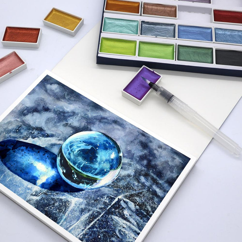 SeamiArt 24 Farben Glitter Metallic Aquarellfarbe Geschenkbox Set Künstler Aquarellperlen Pigment für Zeichenbedarf